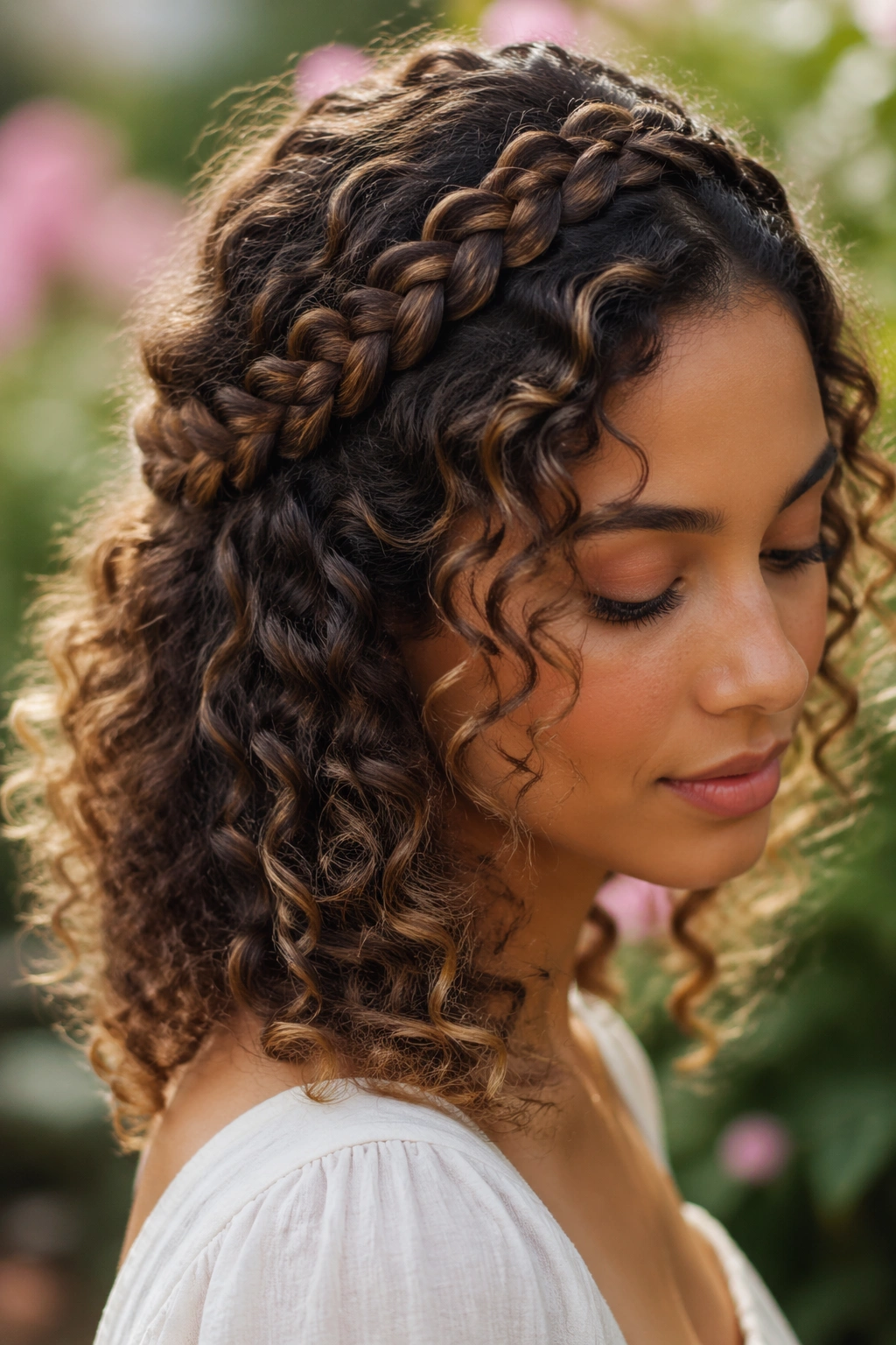 Woman with a loose braided crown on curls in a garden setting.