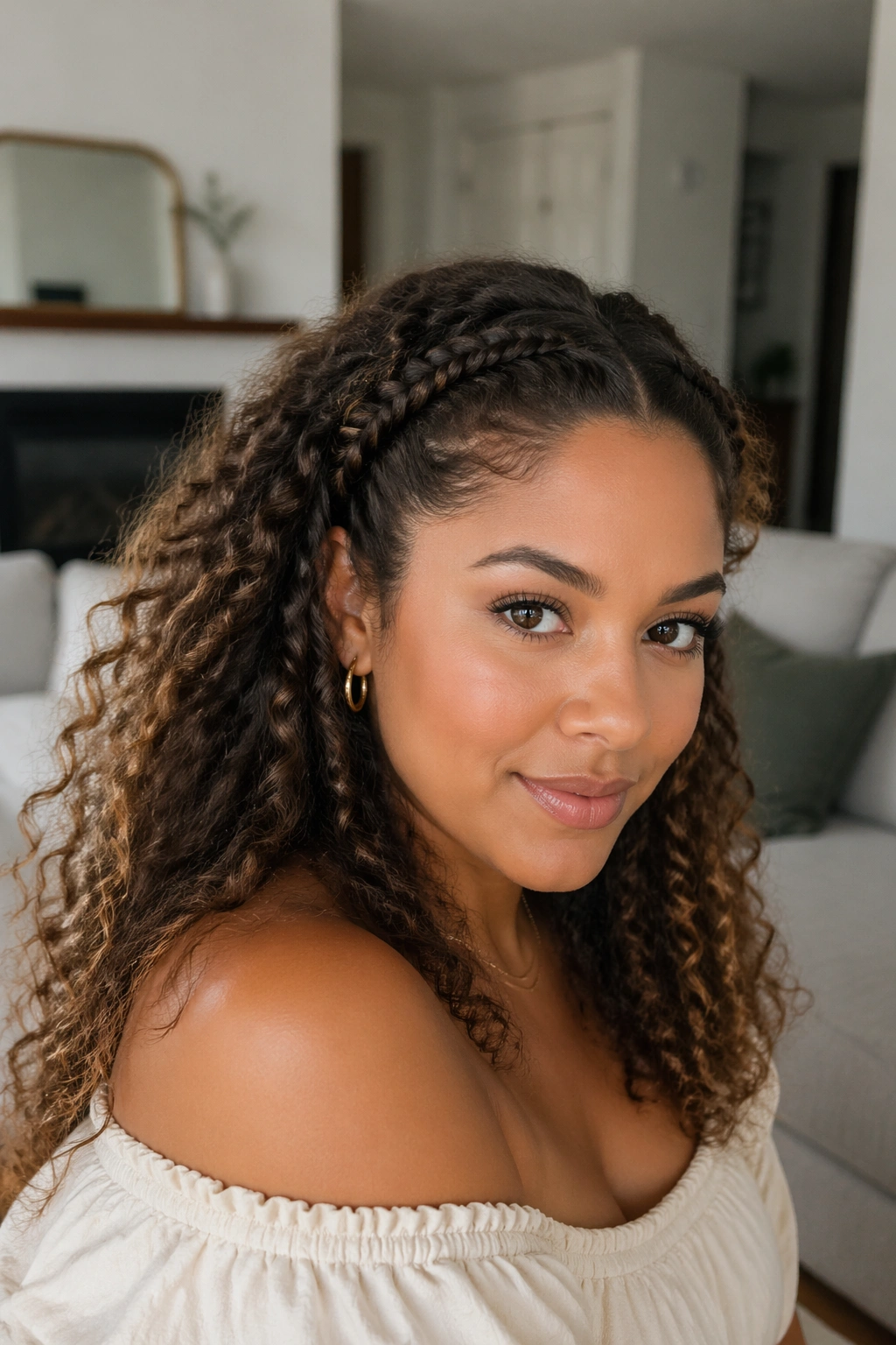 Close-up portrait of a real woman with a braided crown and free curls