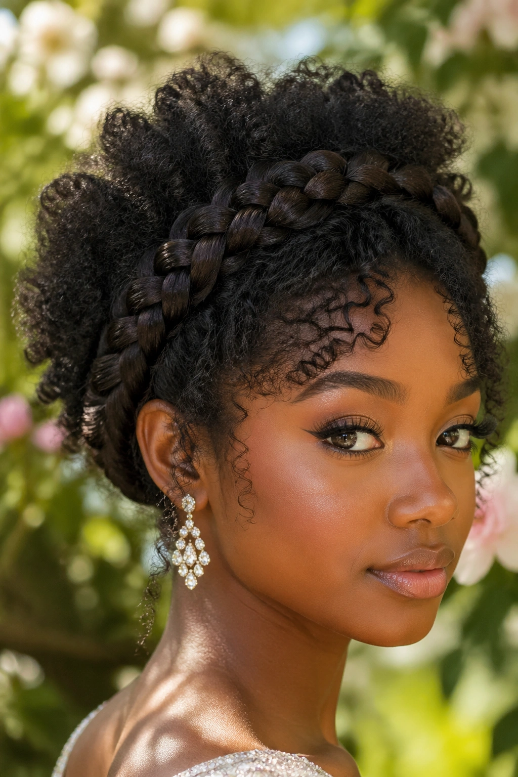 Real woman with braided crown and curly center hair in sunlit garden.