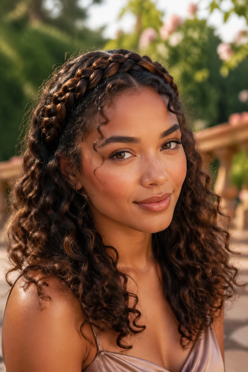 Close-up portrait of a real woman with a braided crown and cascading curls in soft outdoor light.