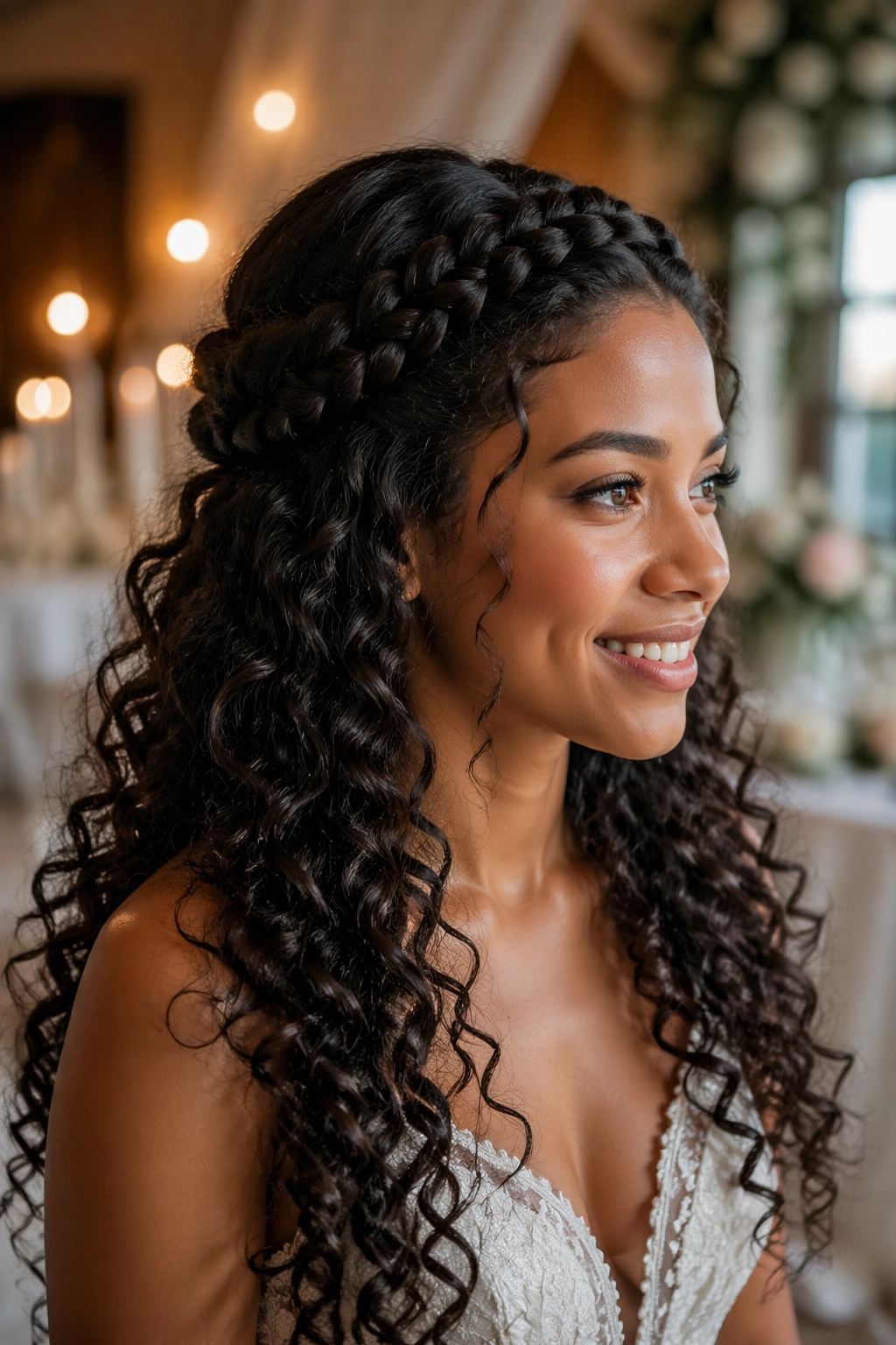 Real woman with braided crown and cascading curls in warm wedding venue light