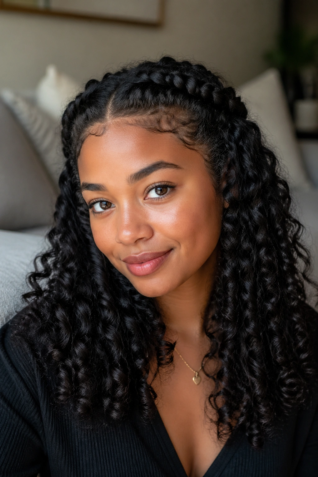 Close-up of a real woman wearing a braided crown with loose curls