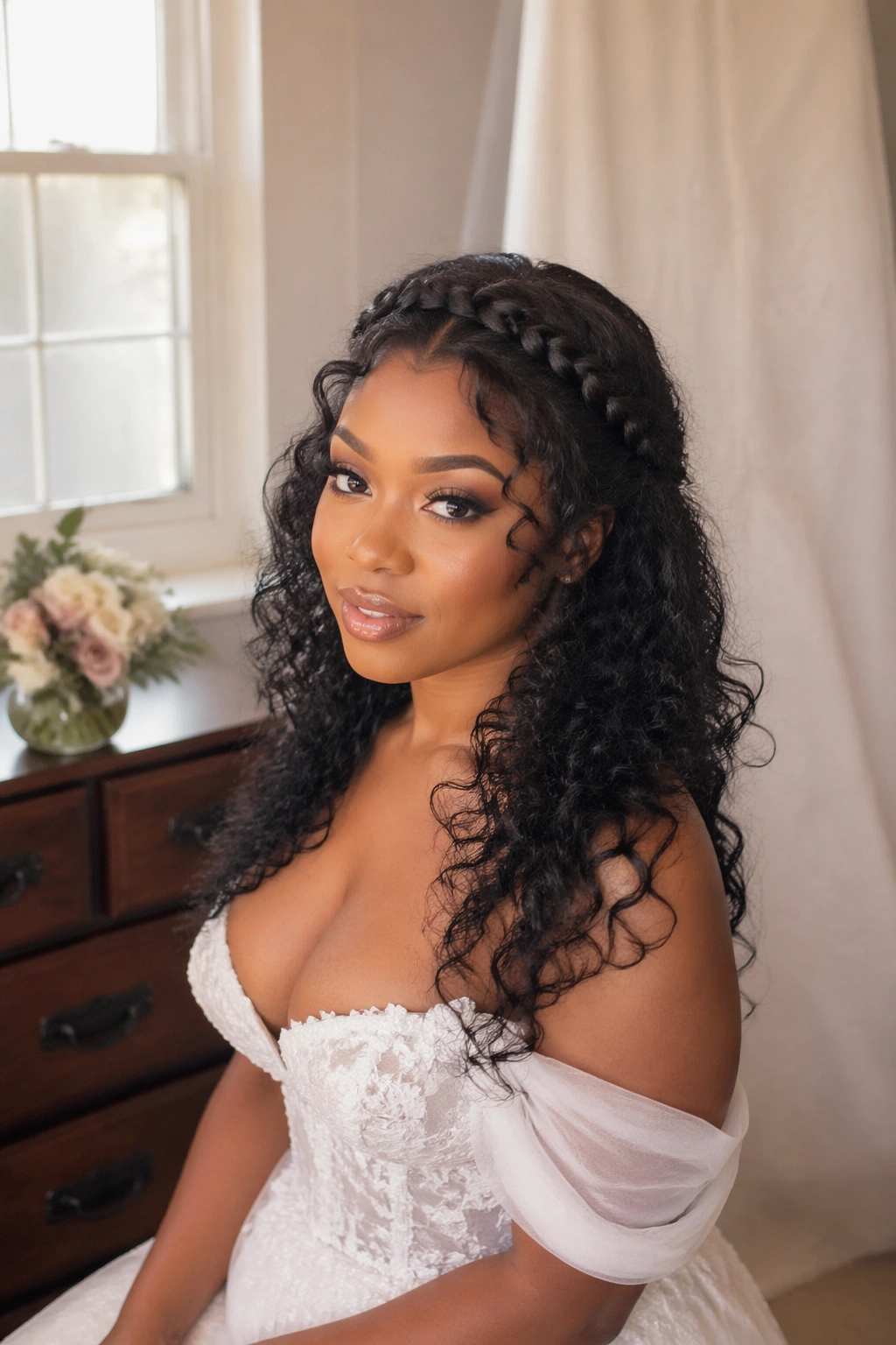 Wide shot of braided crown with loose curls framing face
