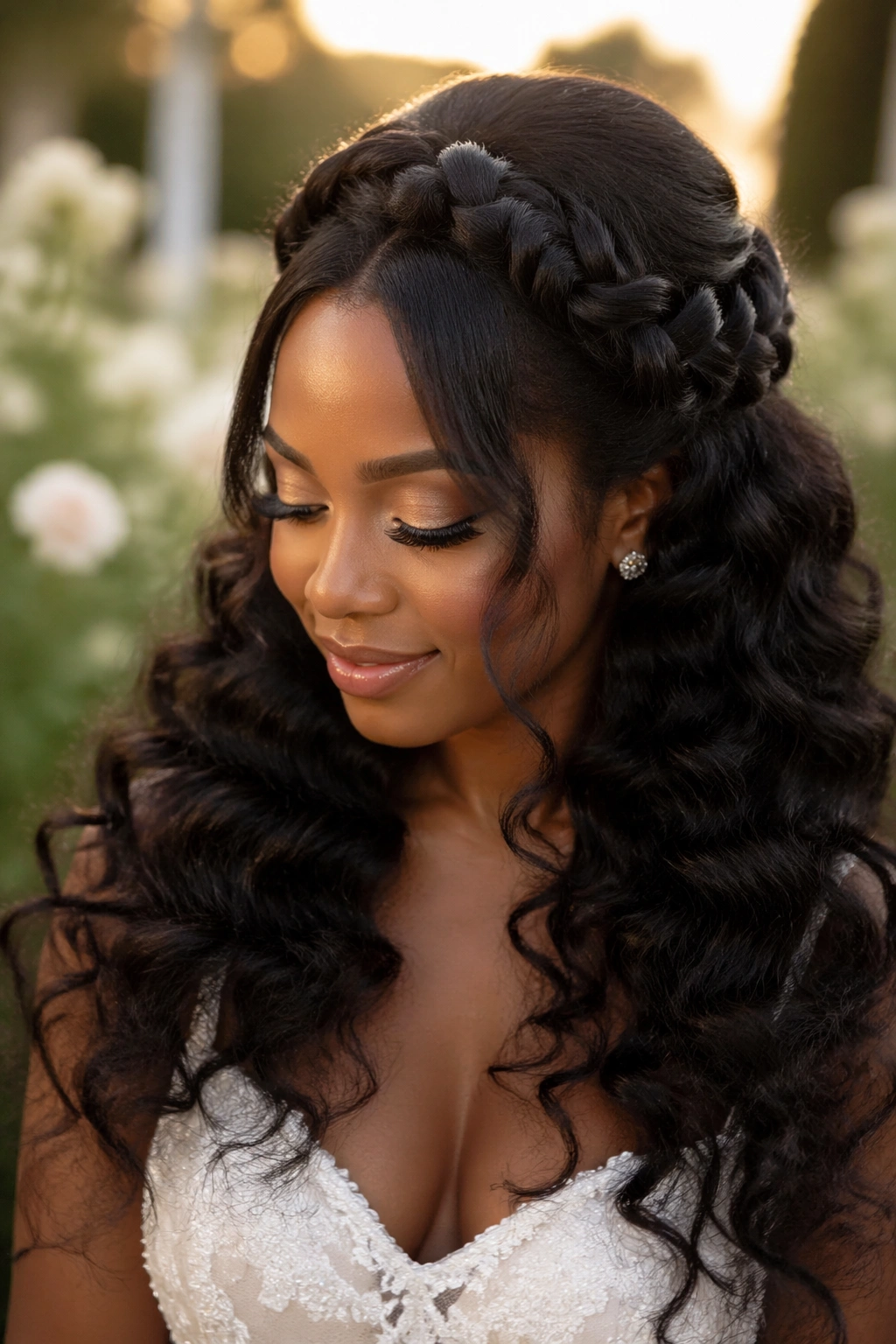 Close-up of bride with braided crown and voluminous curls, natural garden setting