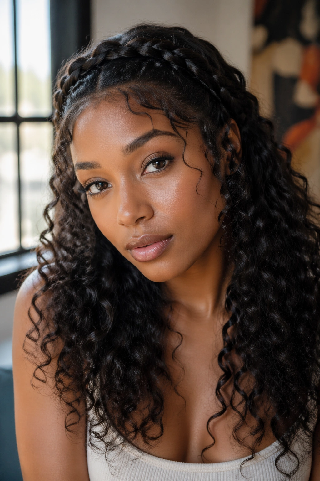 Real person with braided crown and free curls, portrait close-up.