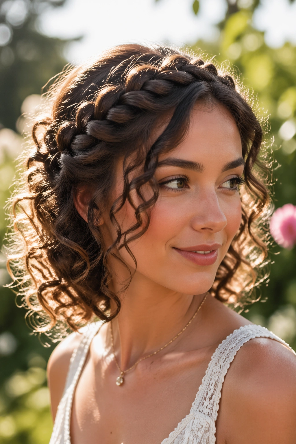 Close-up of a real woman wearing a braided crown with curly ends spilling out