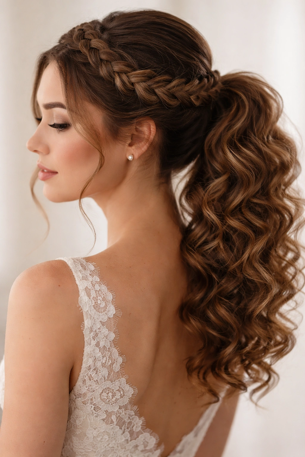 Close-up of a braided crown flowing into a curly ponytail on a bridal hairstyle
