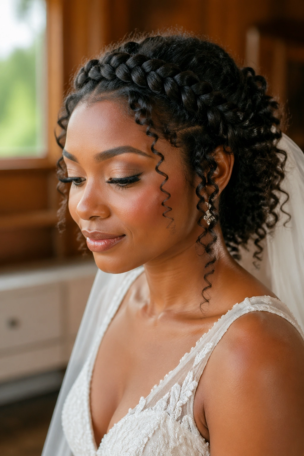 Bride wearing a braided crown with curly tendrils framing the face
