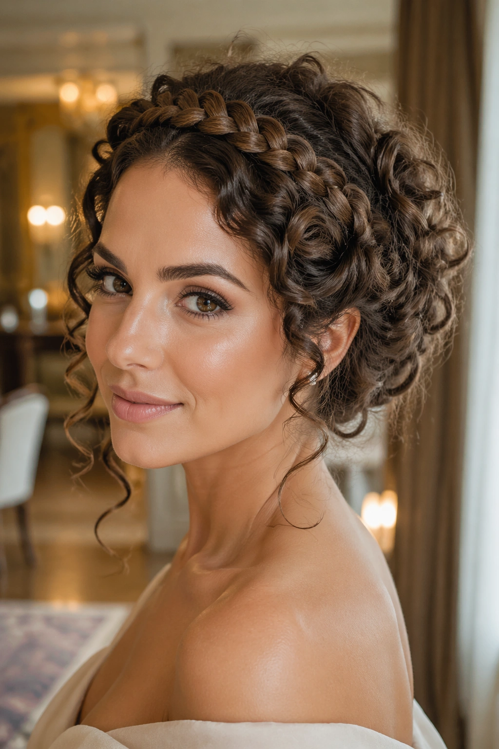 Close-up of a woman wearing a braided crown curly updo