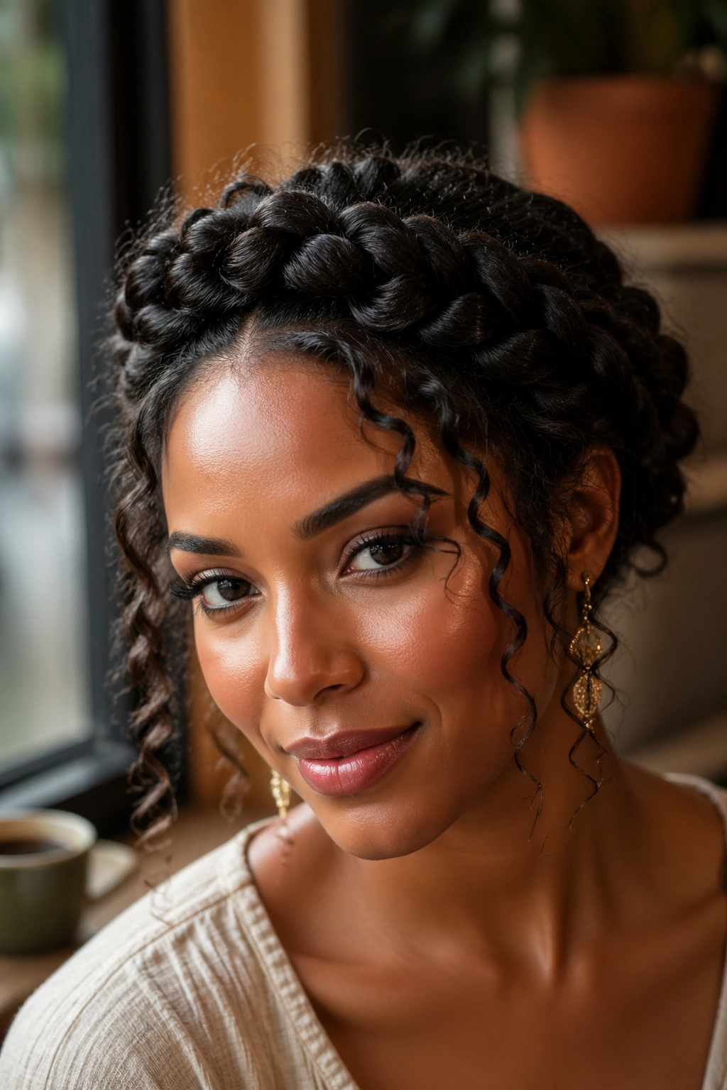 Braided crown with face-framing curls on real woman in warm cafe light