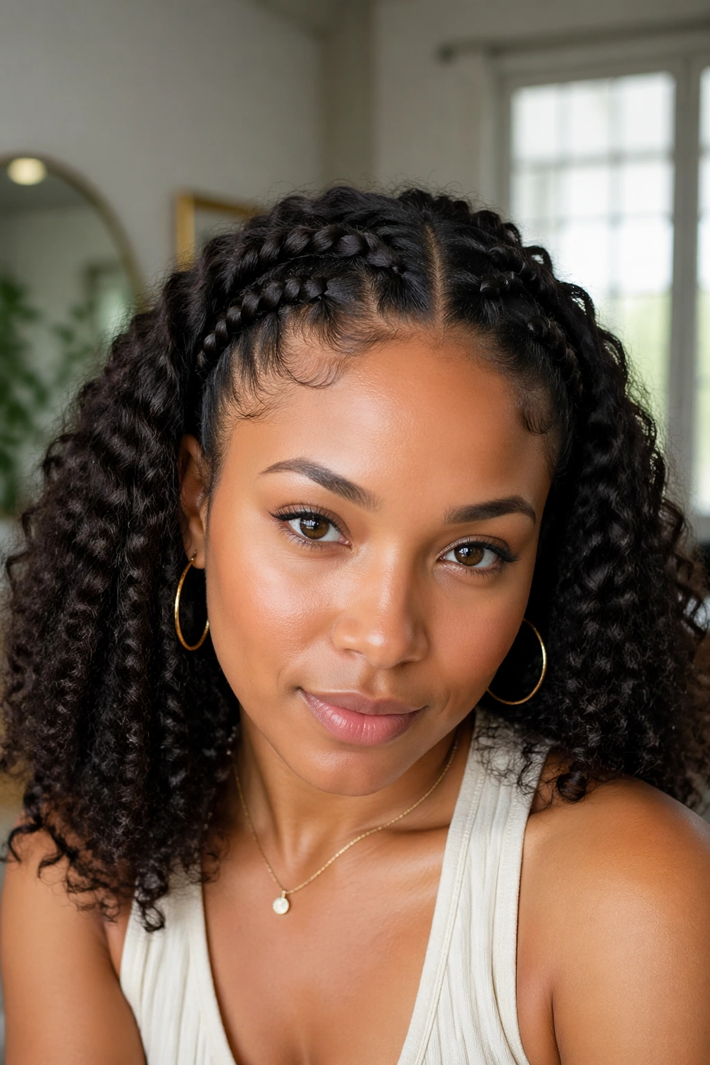 Real person with braided crown along the front hairline