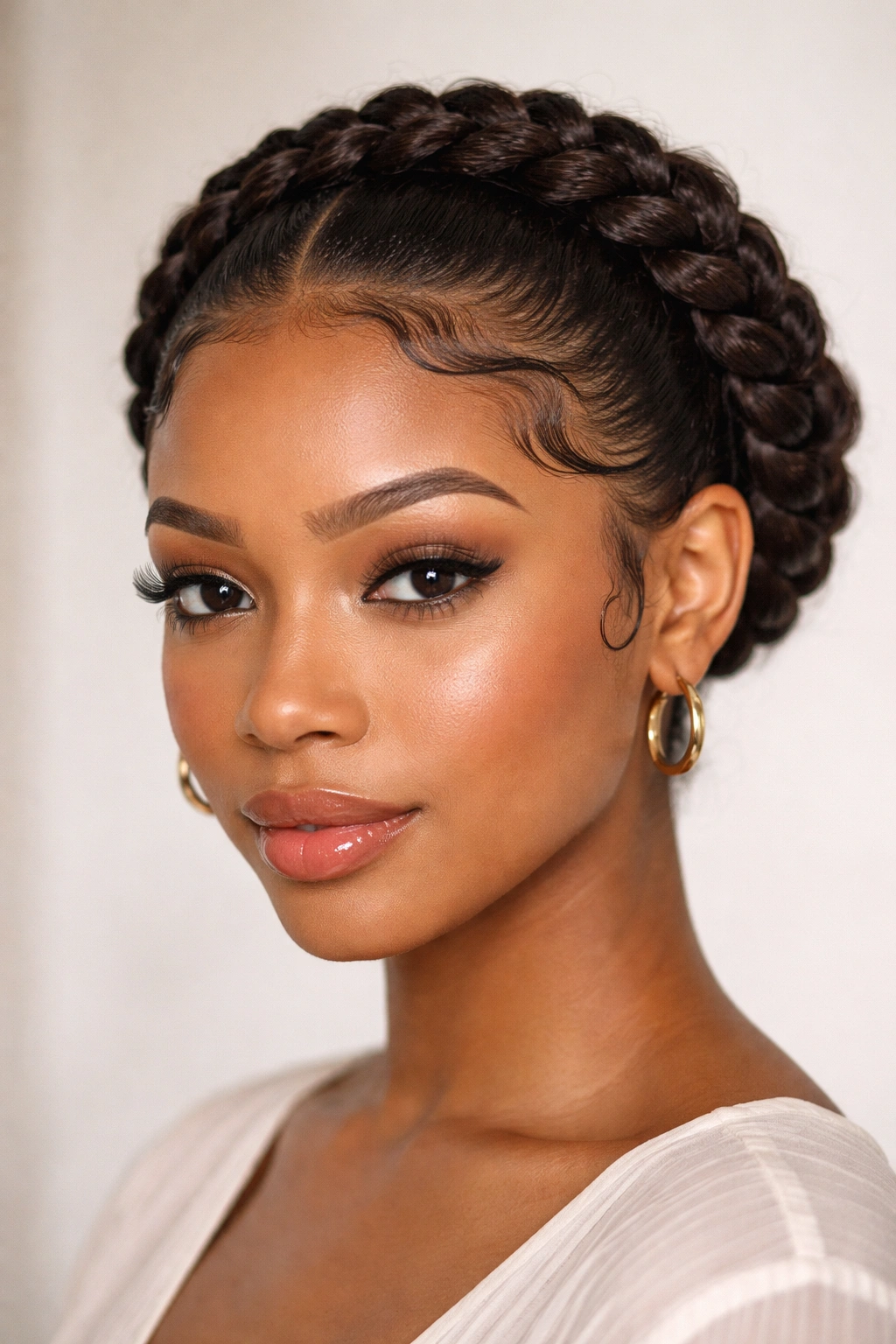 Braided crown hairstyle with sleek edges defined by gel