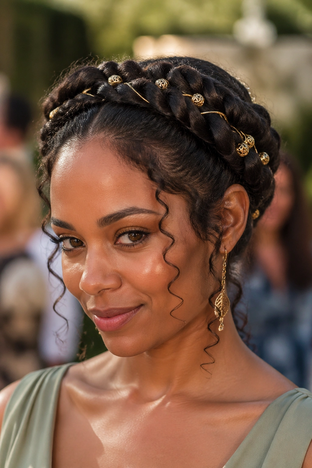 Close-up of a real woman wearing a gold-accented braided crown.