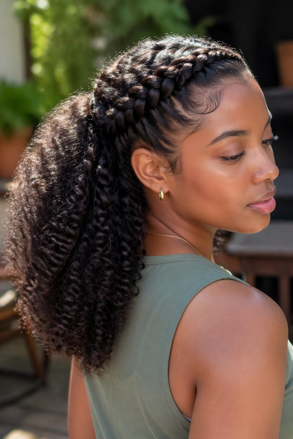 Close-up of a real Black woman with braided crown and curly half ponytail
