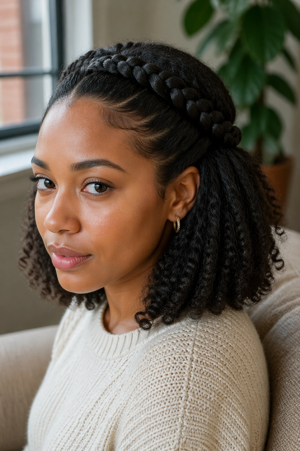 Close-up of real woman with braided crown on bob half up half down