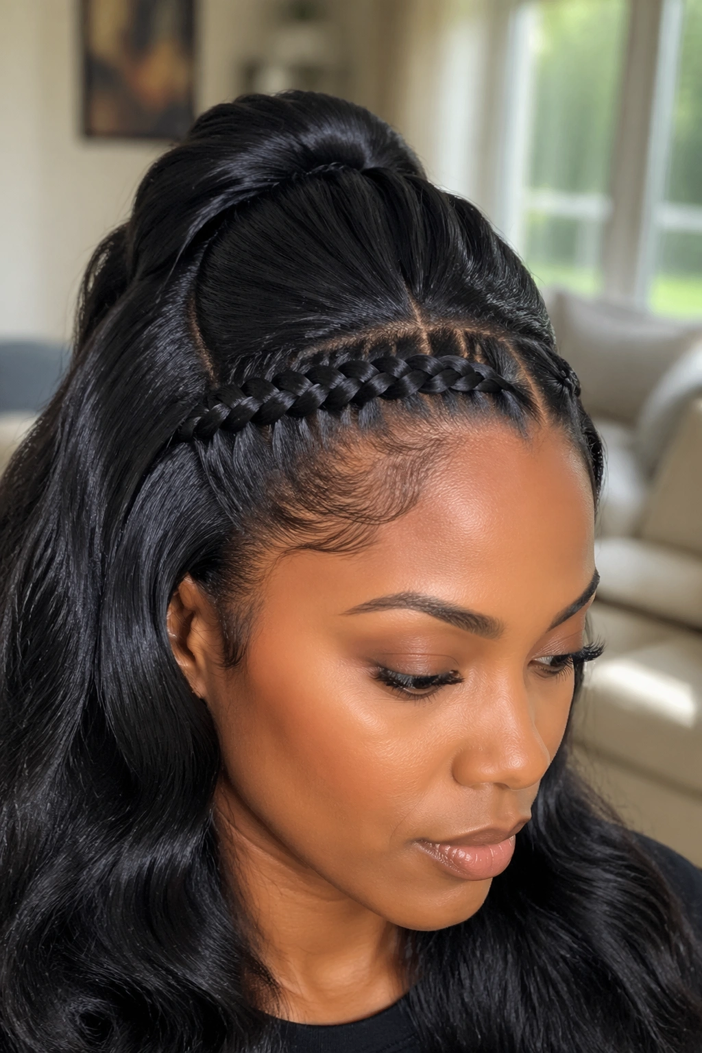 Close-up of a real woman with a braided crown detail in a half-up half-down hairstyle