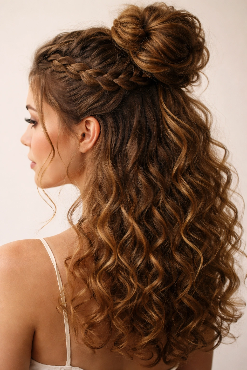 Braided crown half-up bun with crown braid and high bun