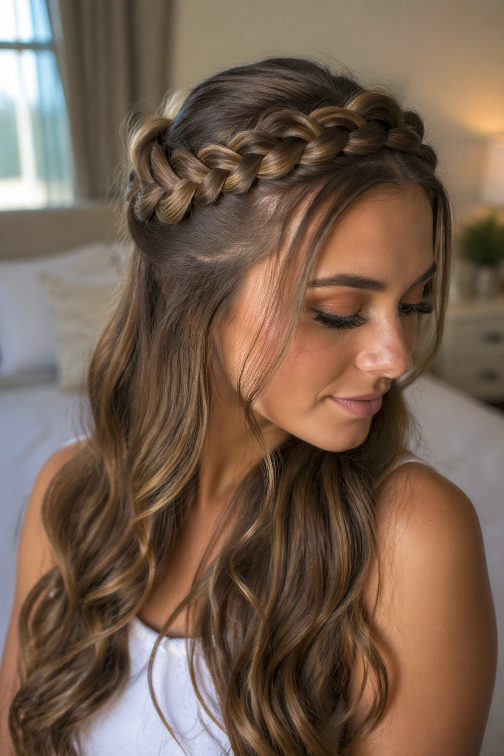 Close-up portrait of a real woman wearing a braided crown half-up hairstyle