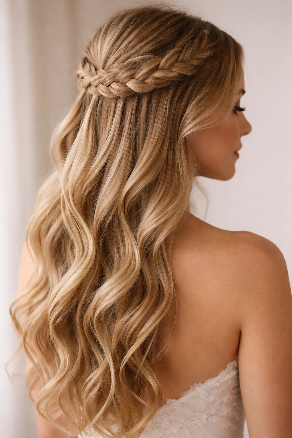 Close-up of braided crown half-up hairstyle with hair gathered at crown and loose curls