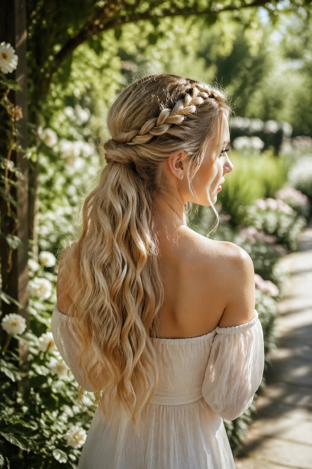 Hero outdoor shot of Braided Crown Half-Up Ponytail in a garden.