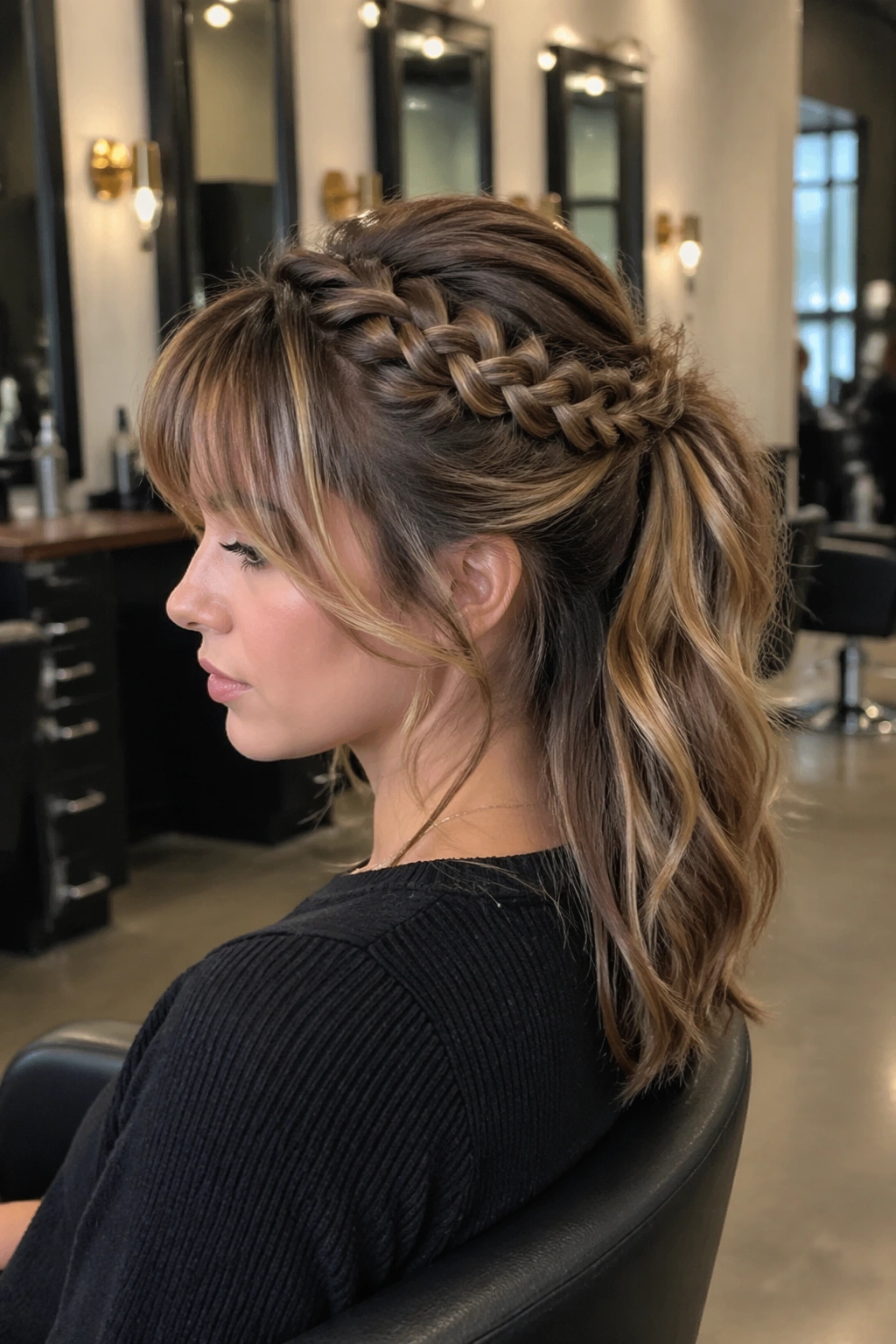 Braided crown half up ponytail with side bangs viewed from side profile