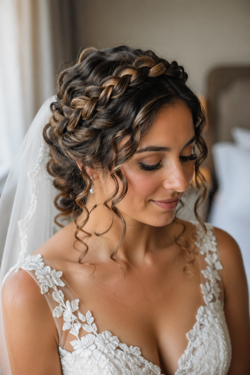Close-up of a bride wearing a braided crown halo with curly hair framing the face