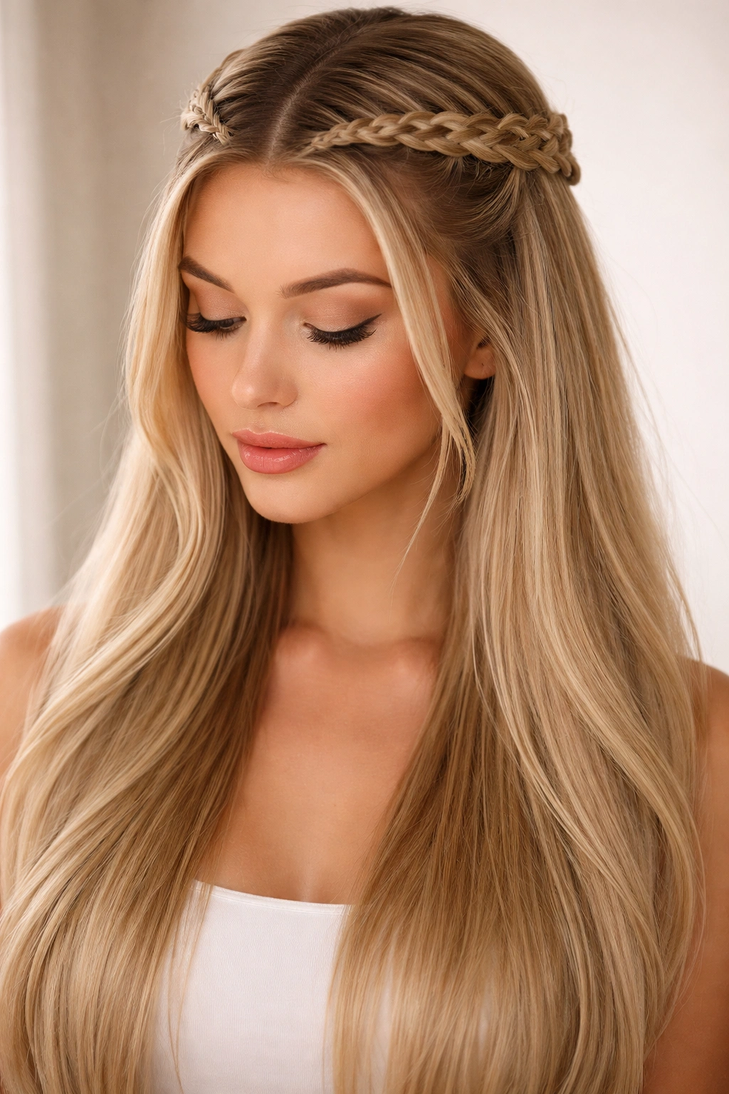 Front view of two small front braids forming a crown at the head