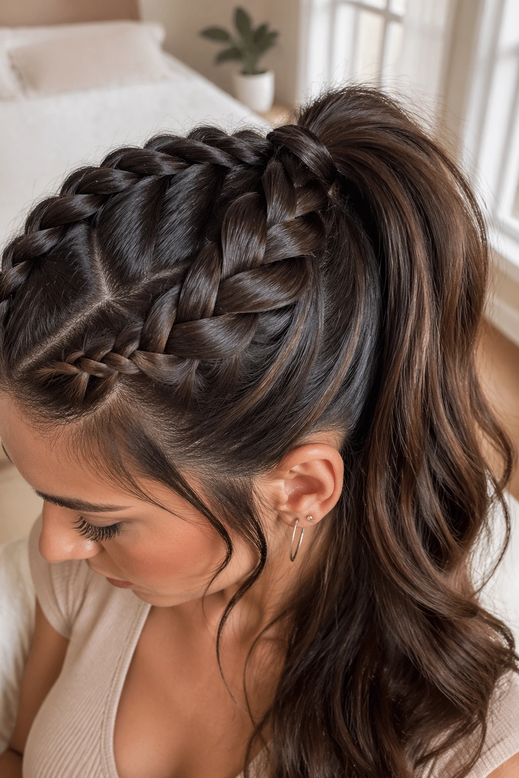 Close-up of real person wearing braided crown transitioning into high ponytail
