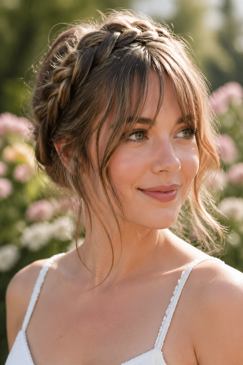 Close-up of a real woman with braided crown and loose bangs outdoors