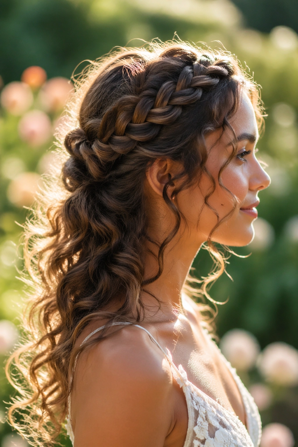 Side profile of braided crown with loose ends in garden light.