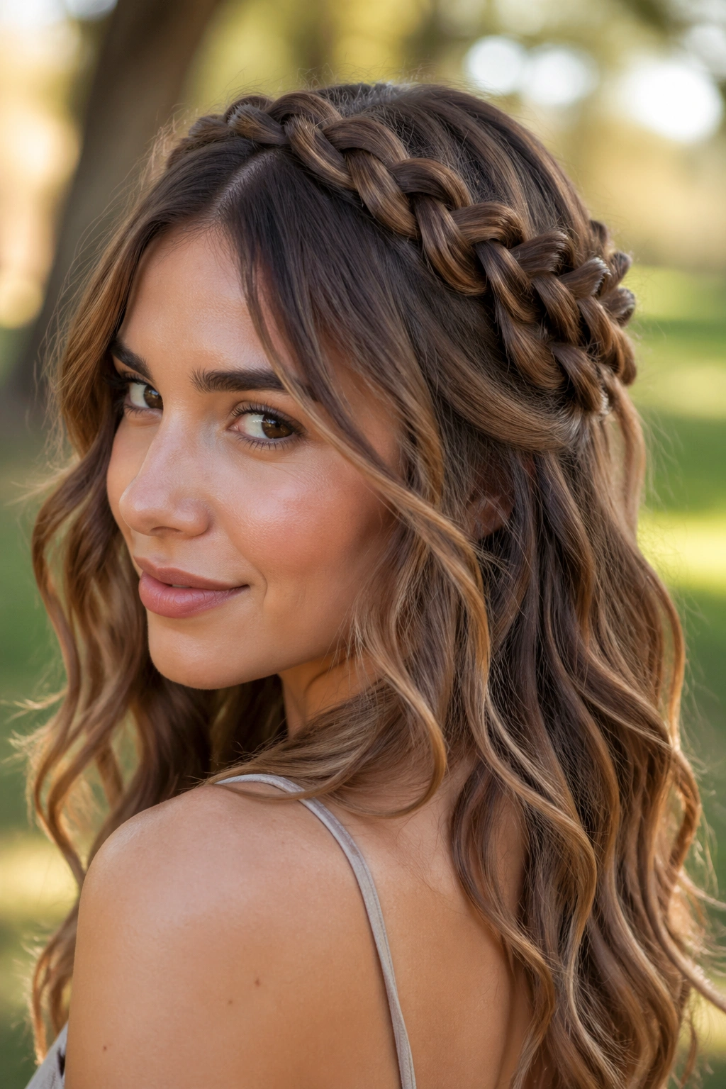 Real woman with a braided crown and loose waves cascading down