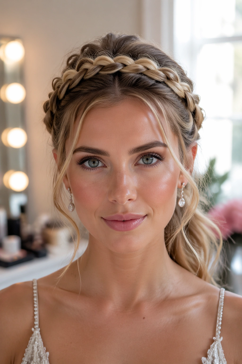Close-up of Braided Crown Mid Ponytail on a real woman with braided crown around the head