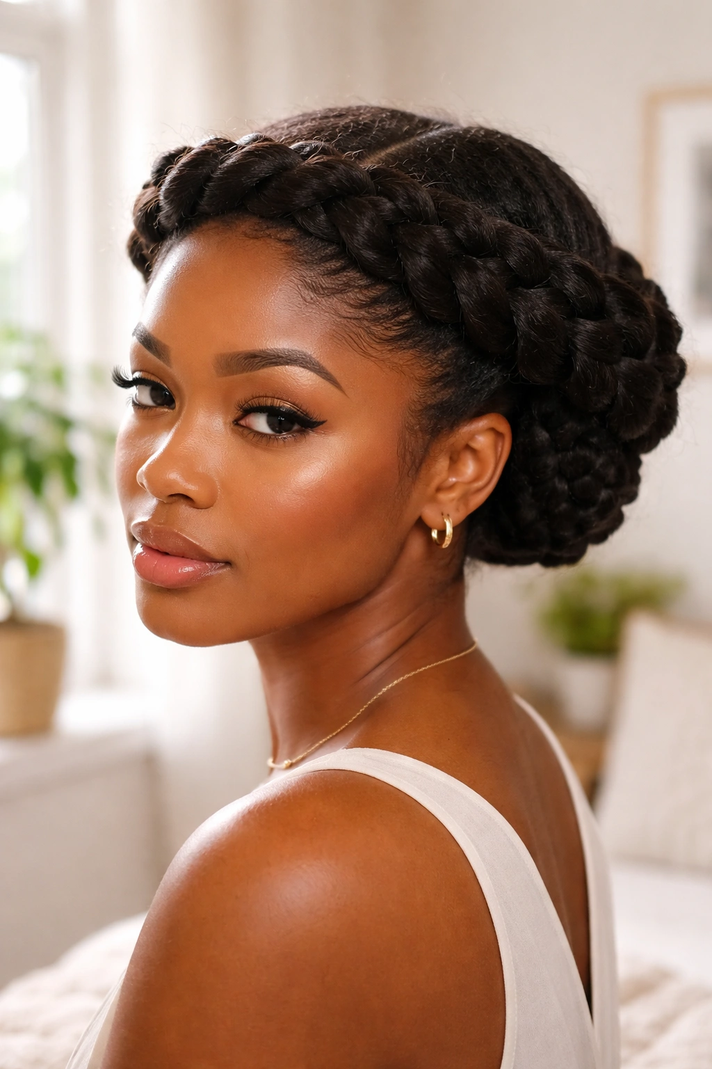 Close-up of two large natural braids forming a crown around the head