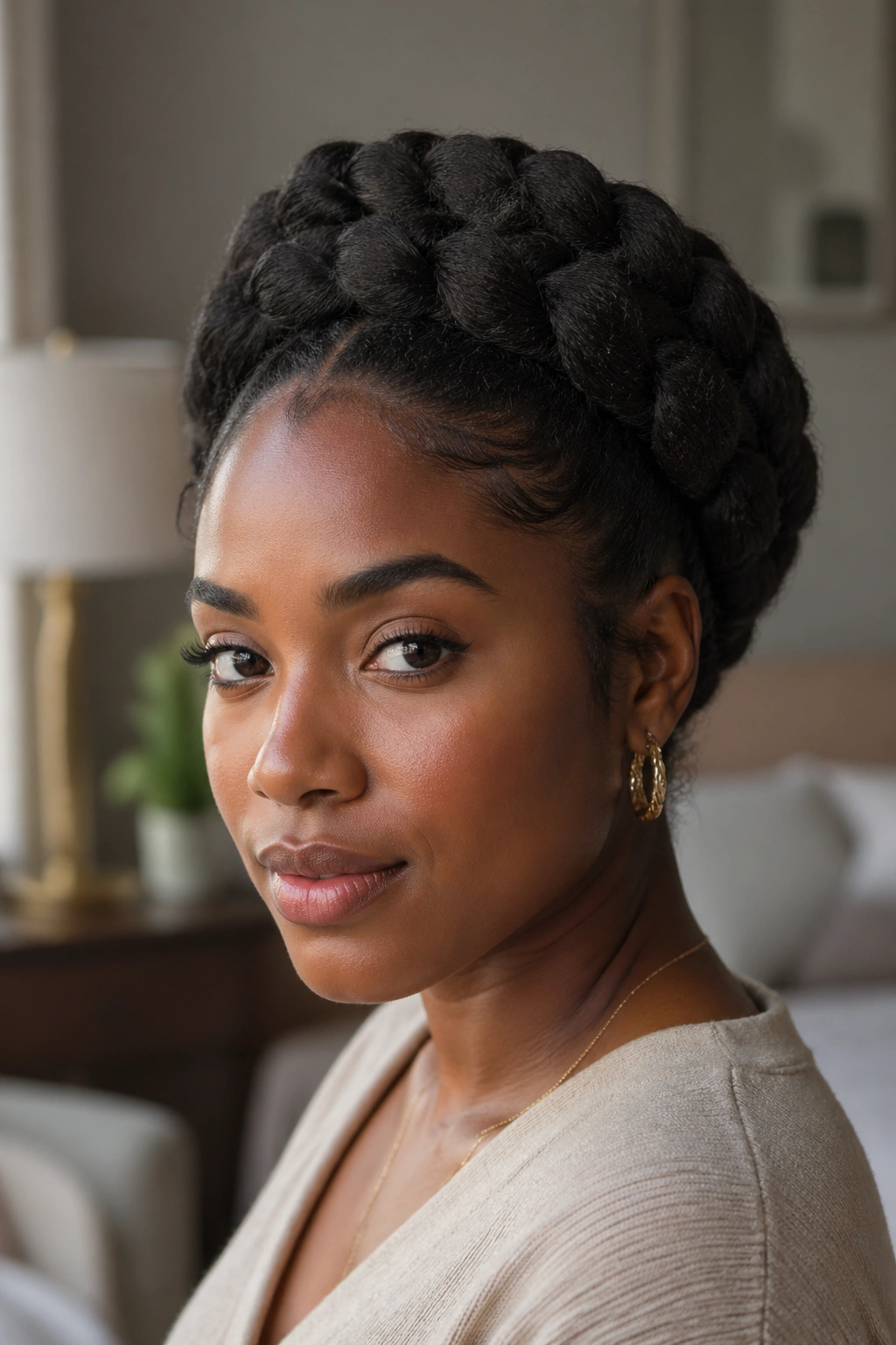 Braided crown hairstyle on long natural hair