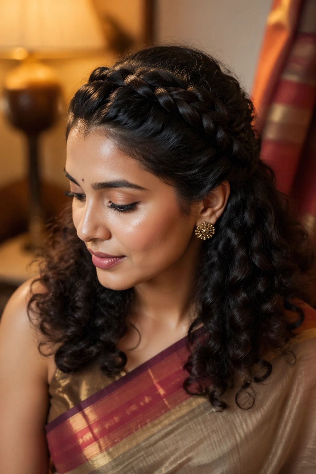 Close-up of a real woman with braided crown and open curls wearing saree