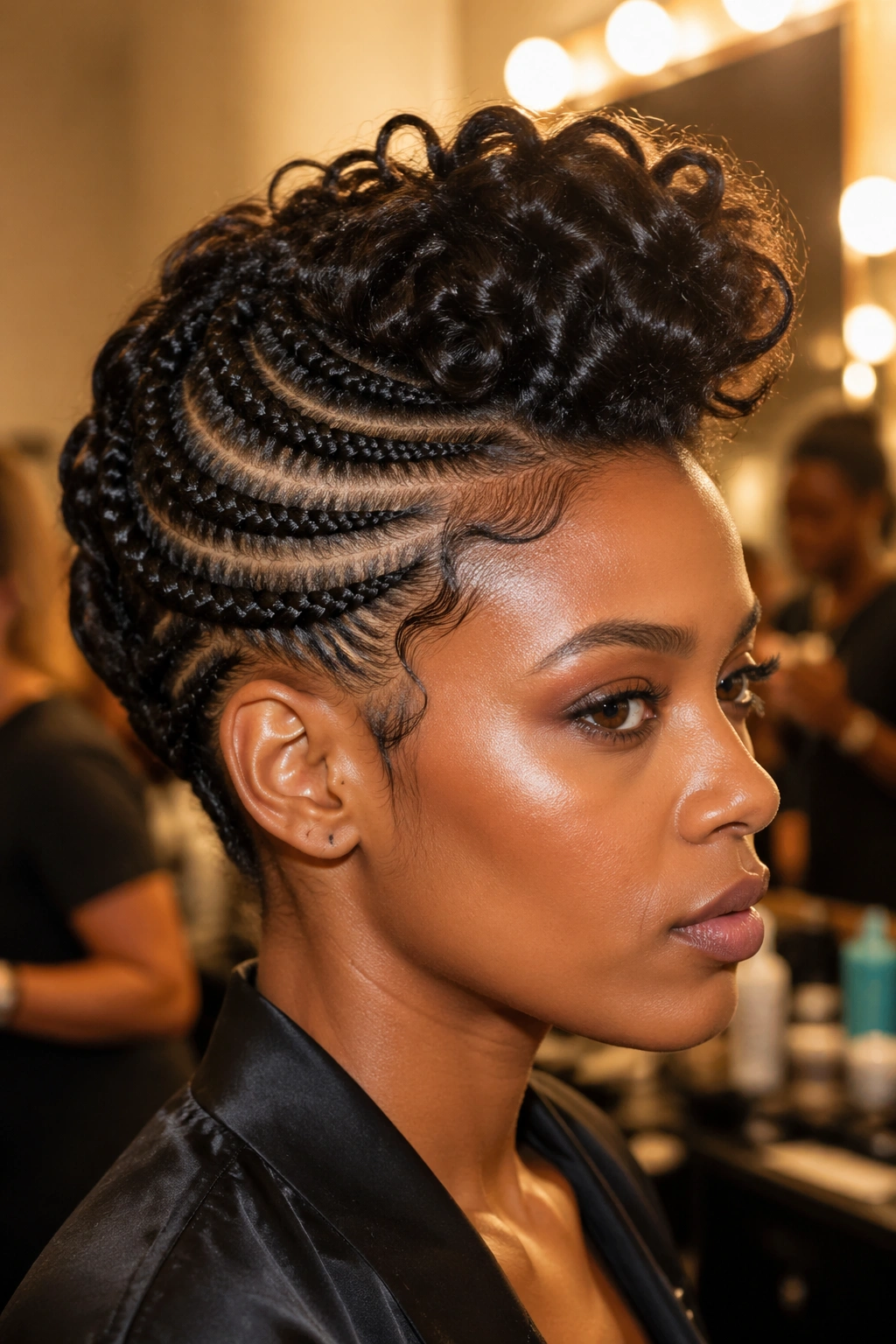 Portrait of a real woman with braided crown and front curly pompadour.
