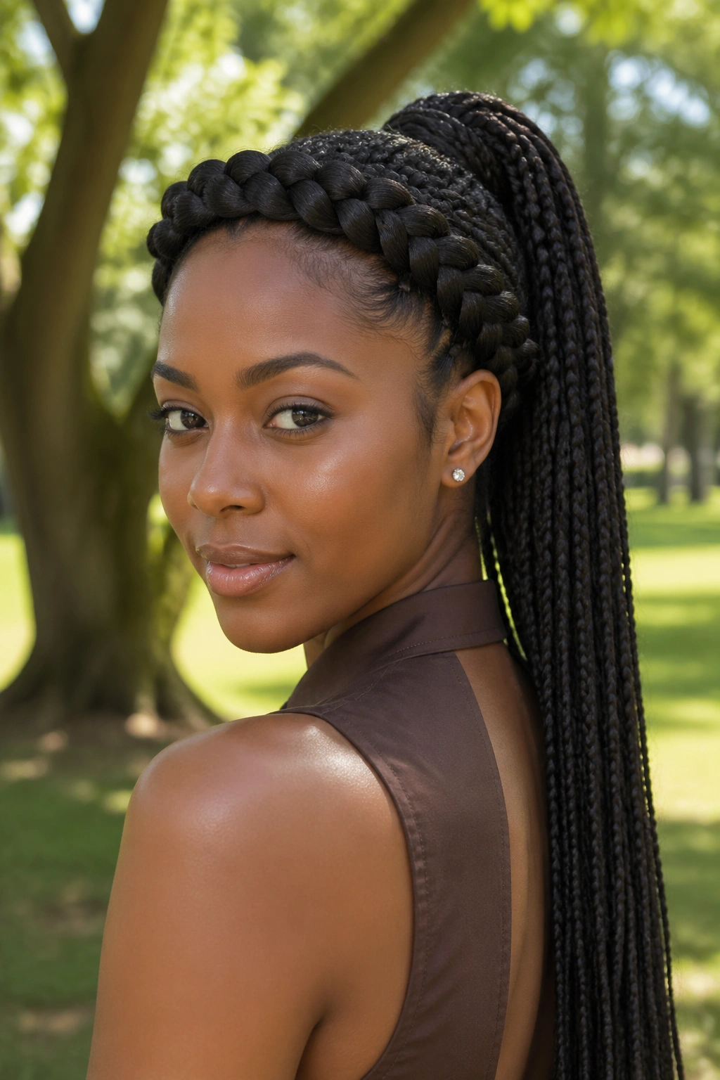 Portrait of a woman with braided crown and long pondo.