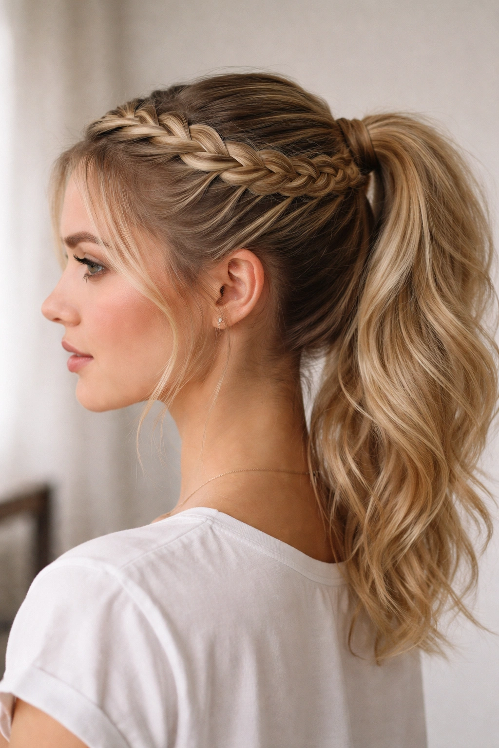 Side view of a braided crown around the head flowing into a ponytail