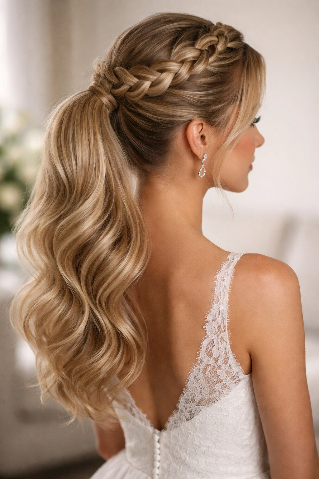 Braided crown forming volume into a ponytail on a bridal hairstyle.