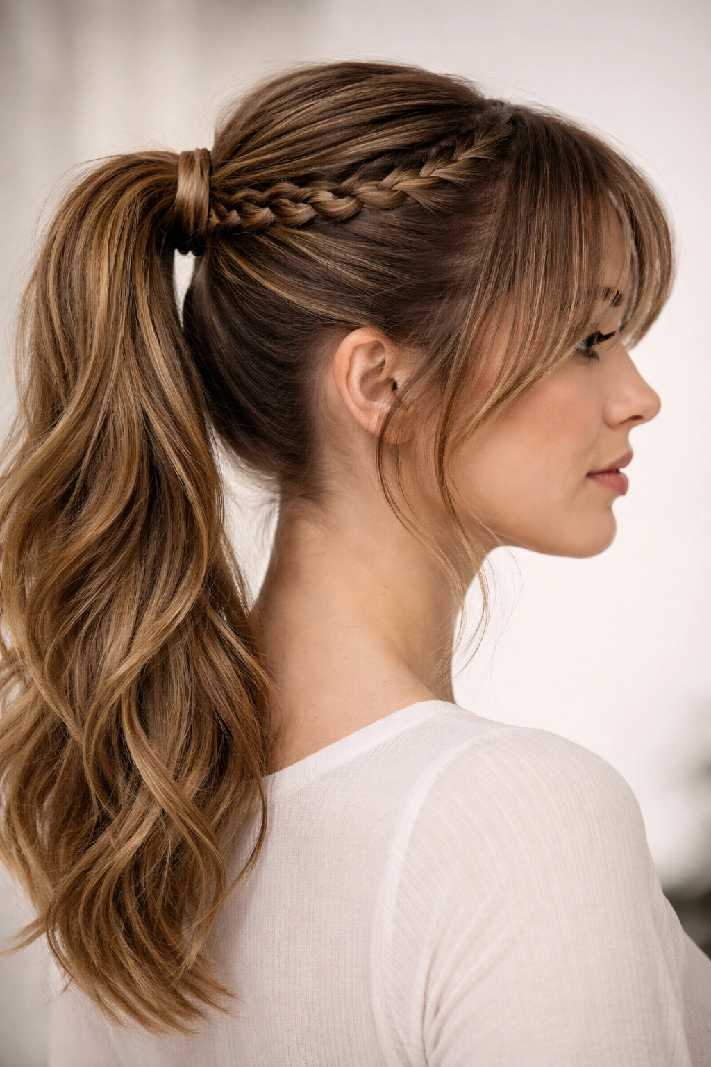 Slim braided crown leading into ponytail with soft curtain bangs