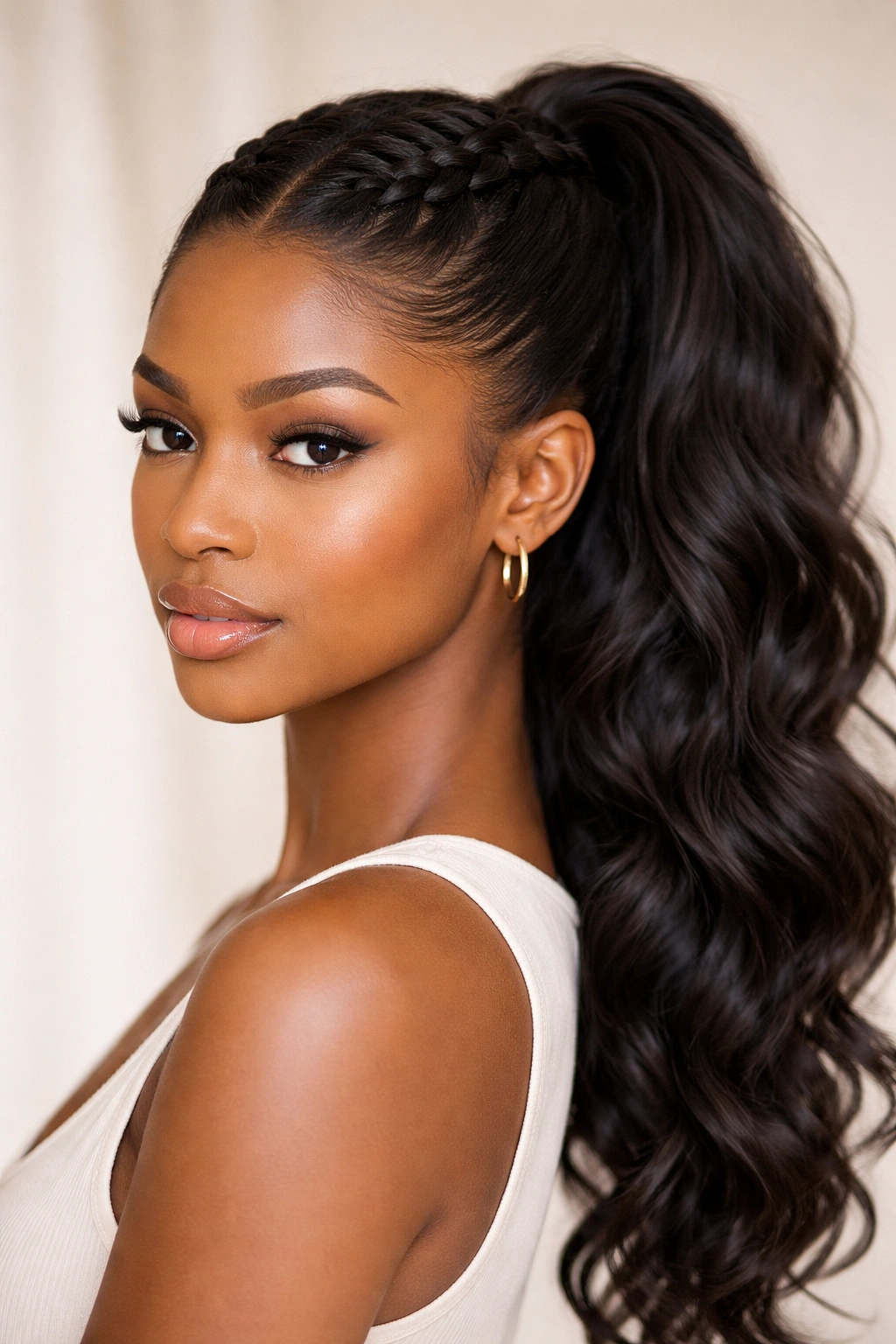 Front three-quarter view of braided crown ponytail with crown braid entering ponytail