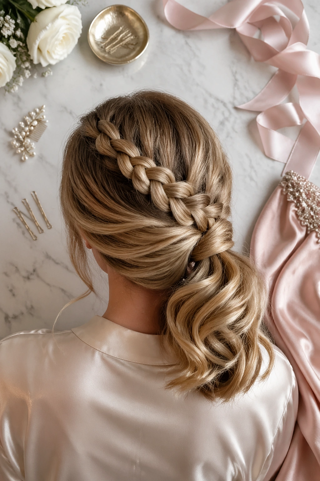 Overhead flat-lay of braided crown side ponytail with accessories