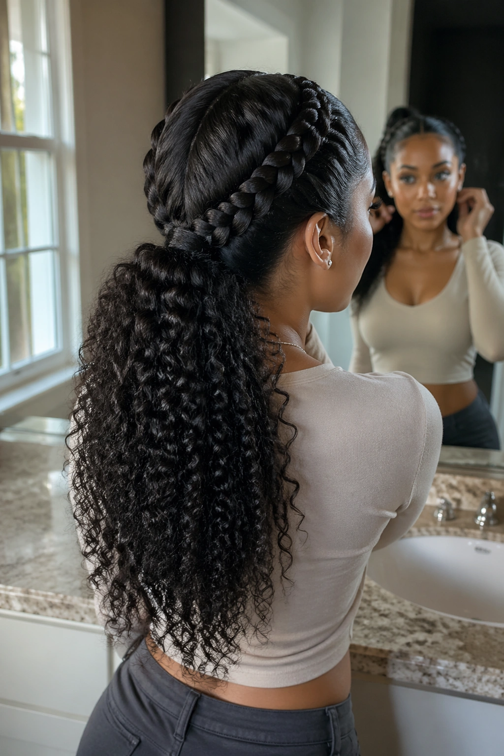 Over-the-shoulder candid braided crown into curly ponytail