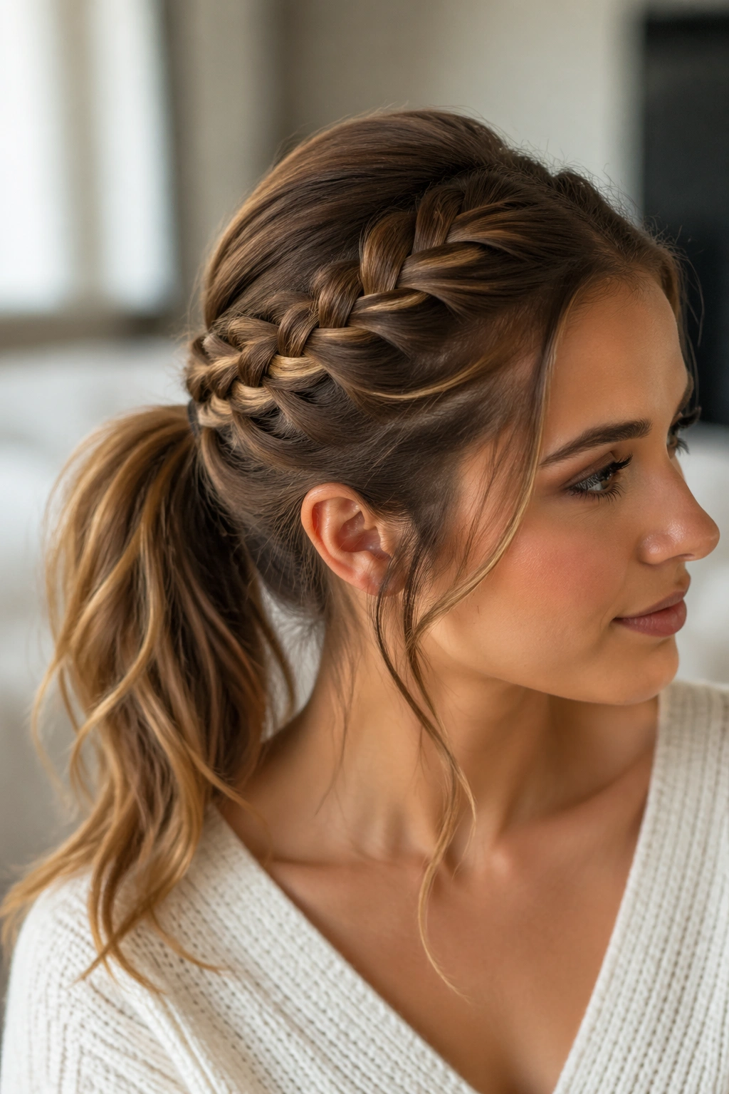 Close-up of a real woman wearing braided crown sweep mid ponytail