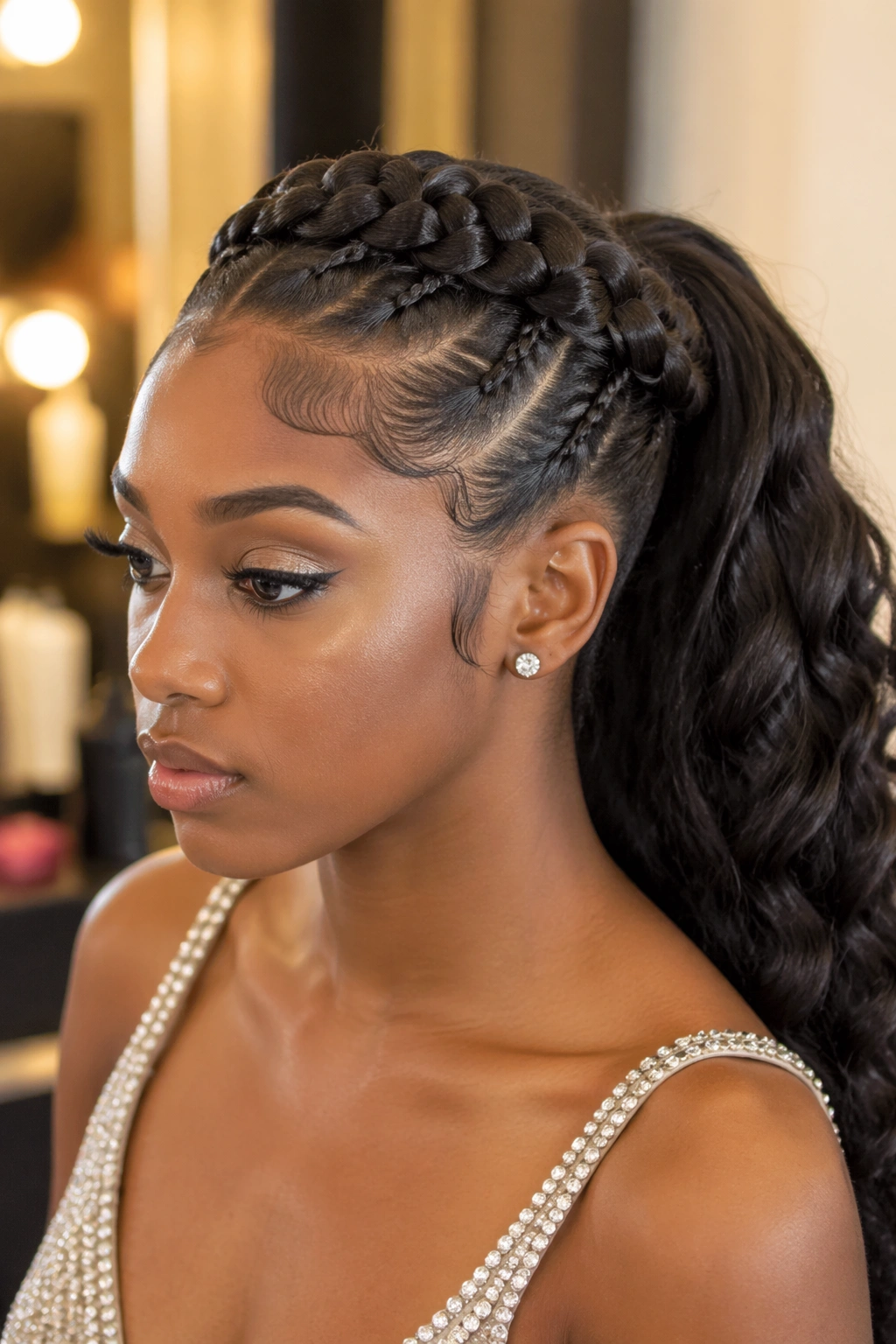 Close-up of a real Black woman's braided crown leading into a ponytail