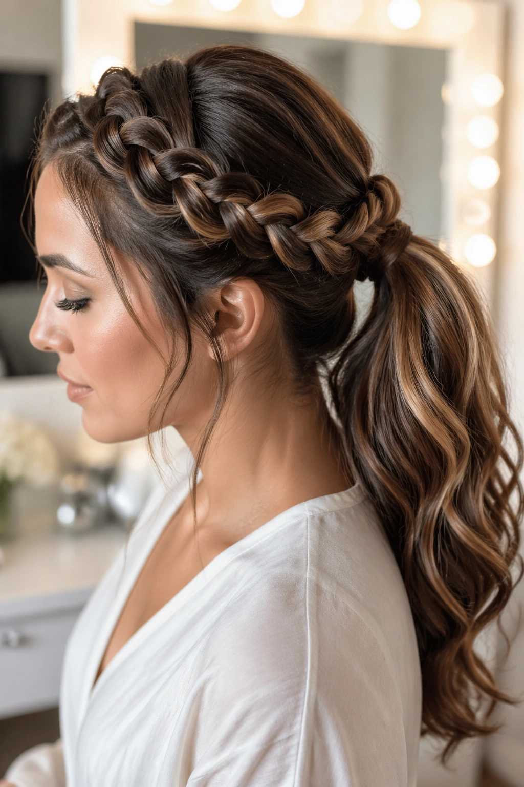 Close-up of a real woman with a braided crown ponytail