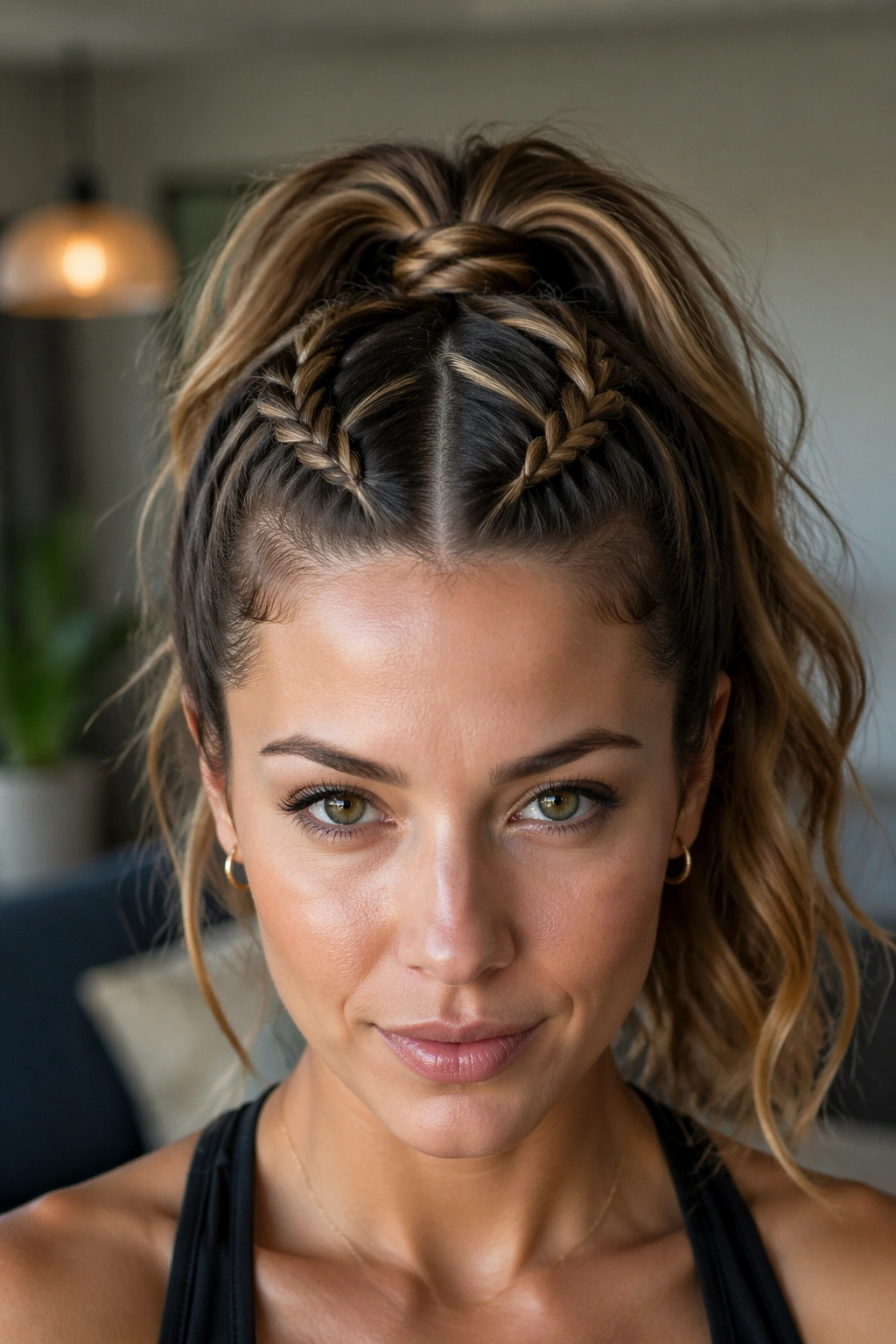 Close-up of a real woman's Braided Crown Ponytail with temple braids into a crown ponytail