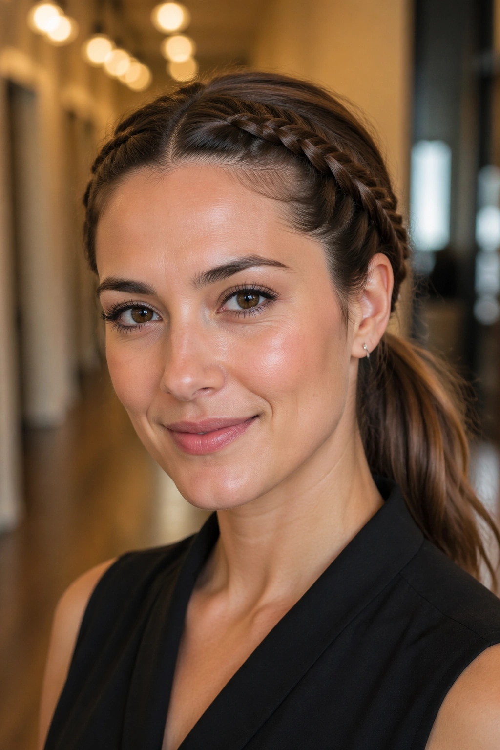 Real woman with braided crown into ponytail framing face.