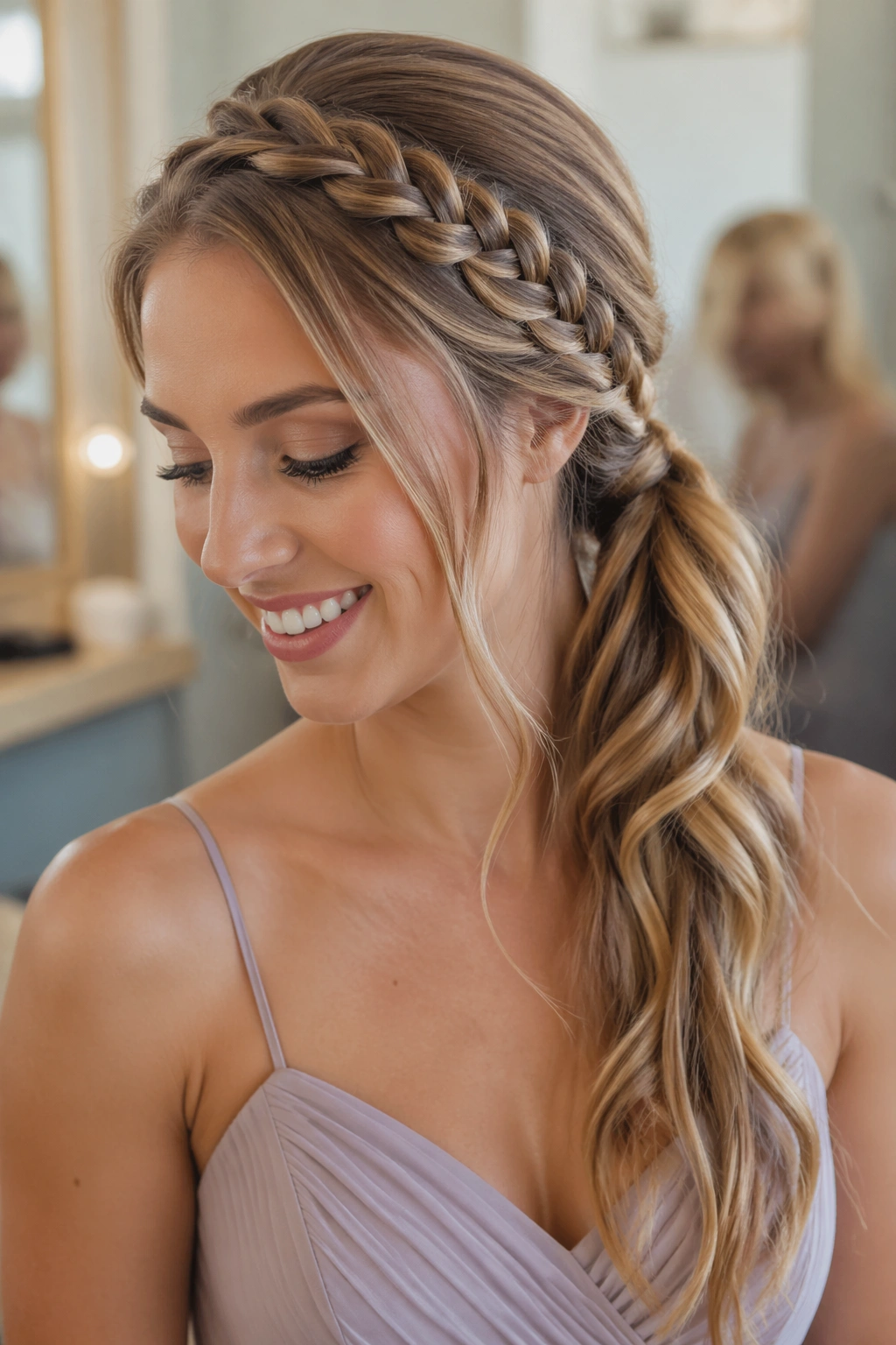 Close-up of a real woman with a braided crown integrated into a side ponytail.