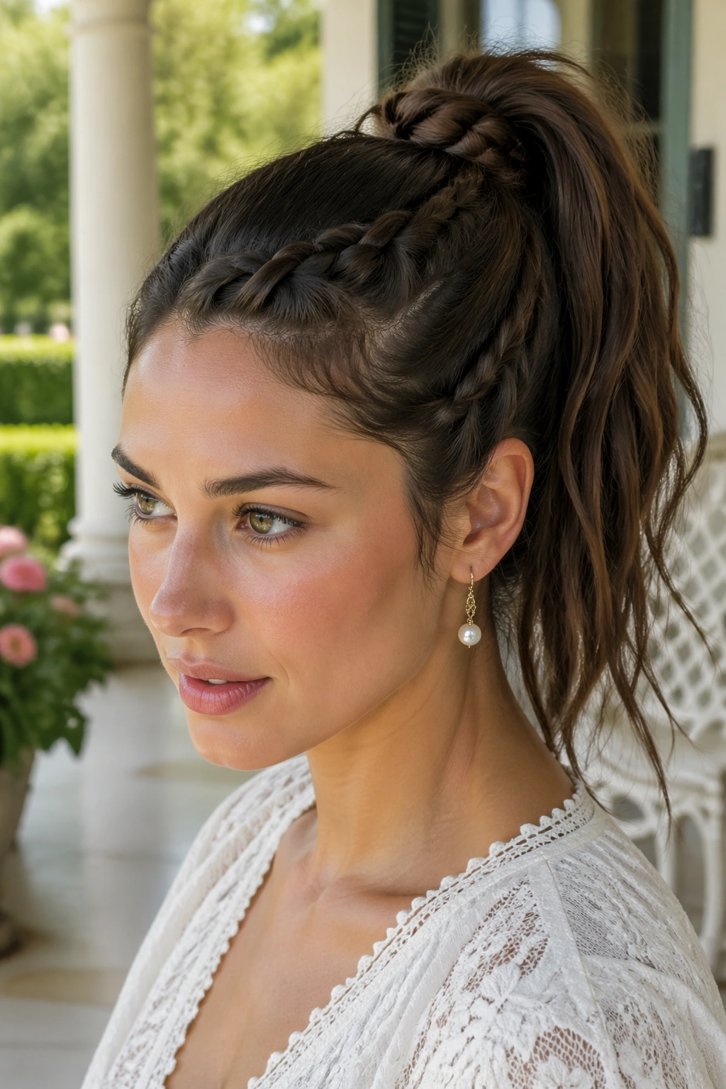Close-up portrait of a real woman with braided crown and high ponytail